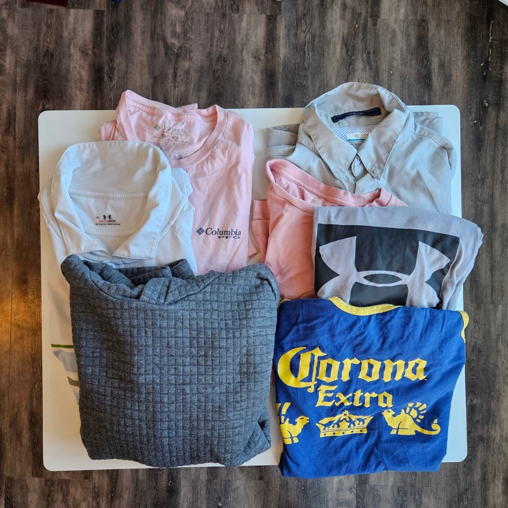 Lot of 7 Mens Tops‎ Shirts Size Large Corona Under Armour Columbia Eagle Fishing